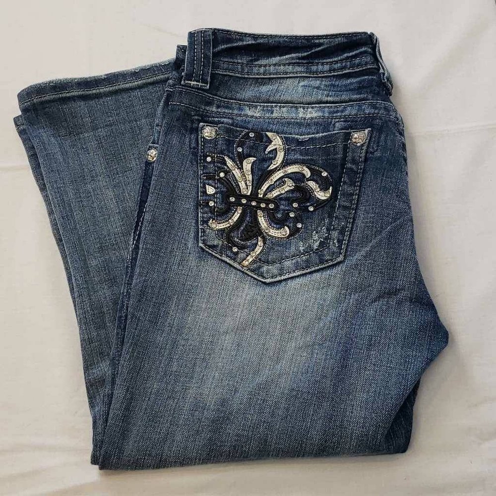 Miss Me Womens Easy Cropped Jeans Blue Stretch Embroidered Medium Wash Denim 28
